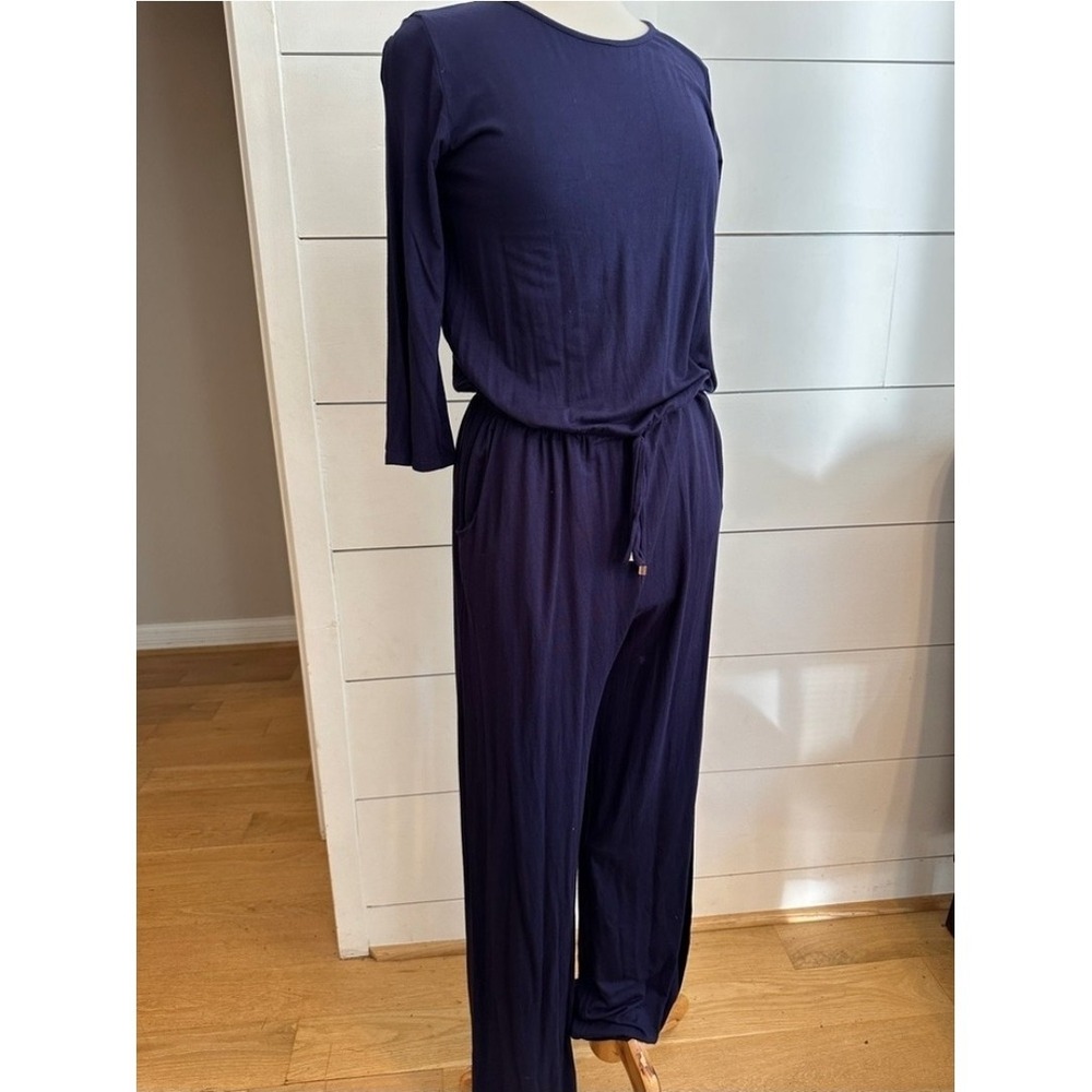 Annabelle 3/4 Sleeve Gathered Waist Navy Knit Jumpsuit with Keyhole Back Medium